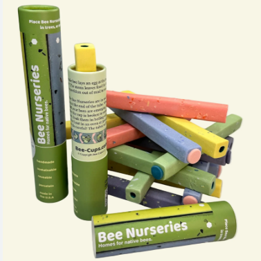 A set of colorful wooden bee-keeping tools and accessories from Bee Nurseries, including a green metal tube, a green and white wrapped tool, and several pastel-colored wooden sticks, displayed on a light cream background.
