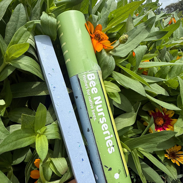 A green Bee Nurseries tube and a blue rectangular tool placed on green foliage with orange flowers in a real outdoor setting.