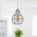 Vintage style black wire light guard hanging in a modern kitchen or living room setting