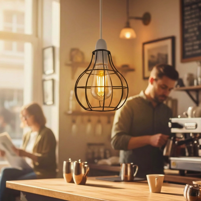 Coffee shop interior with a person working behind the counter and a hanging light fixture.