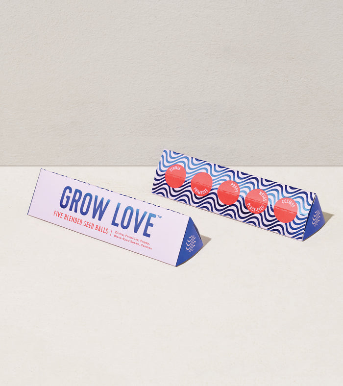 Bright Side Seed Balls packaging featuring "Grow Love" and colorful seed ball designs, ideal for planting flowers and herbs.