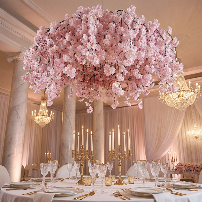 Cherry Blossom Ceiling Cascade Pink hanging from ceiling above wedding guest table