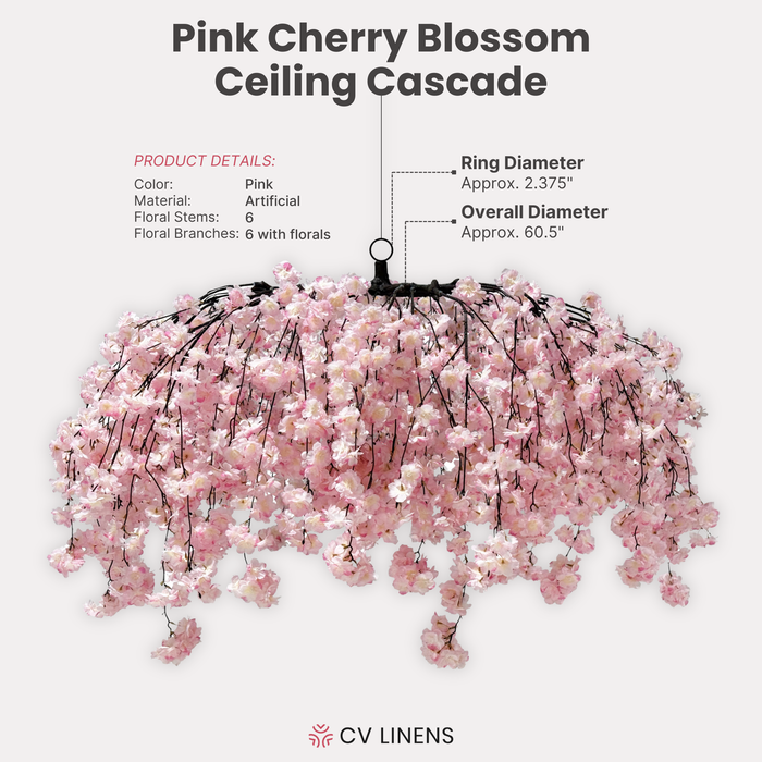 Cherry Blossom Ceiling Cascade Pink infographic showing product details and dimensions