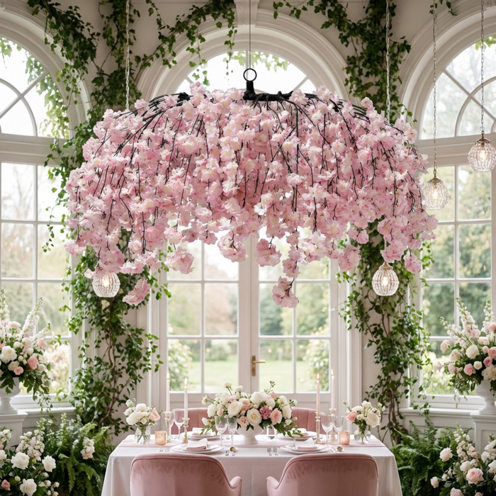 Cherry Blossom Ceiling Cascade Pink  garden theme setting in different shades of pinks, white and greeneries