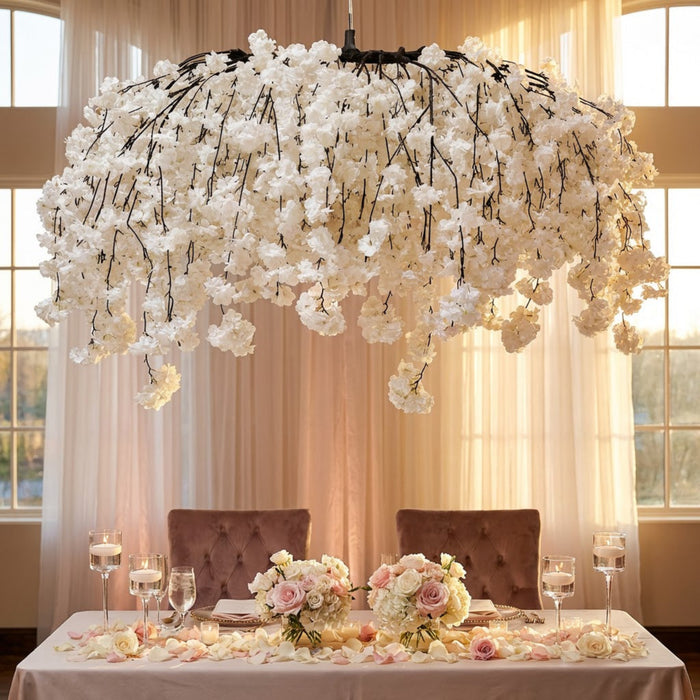 Cherry Blossom Ceiling Cascade White hanging above the bridal table with sheer voile draping and mixed floral centerpieces