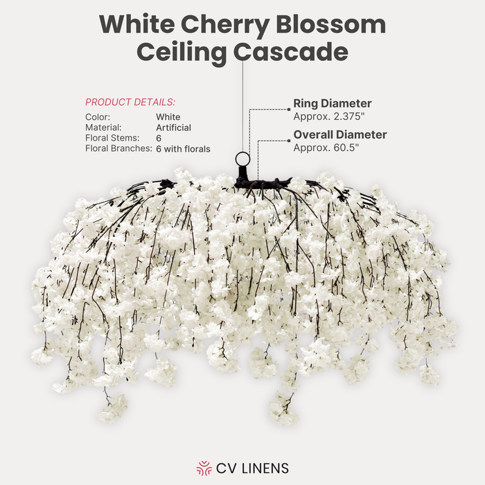 Cherry Blossom Ceiling Cascade White infographic showing products details and dimensions