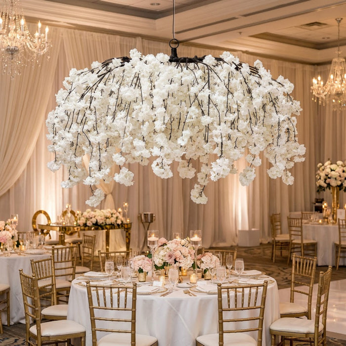 Cherry Blossom Ceiling Cascade White hanging above wedding table with mixed floral centerpieces, floating candles, and gold chiavari chairs
