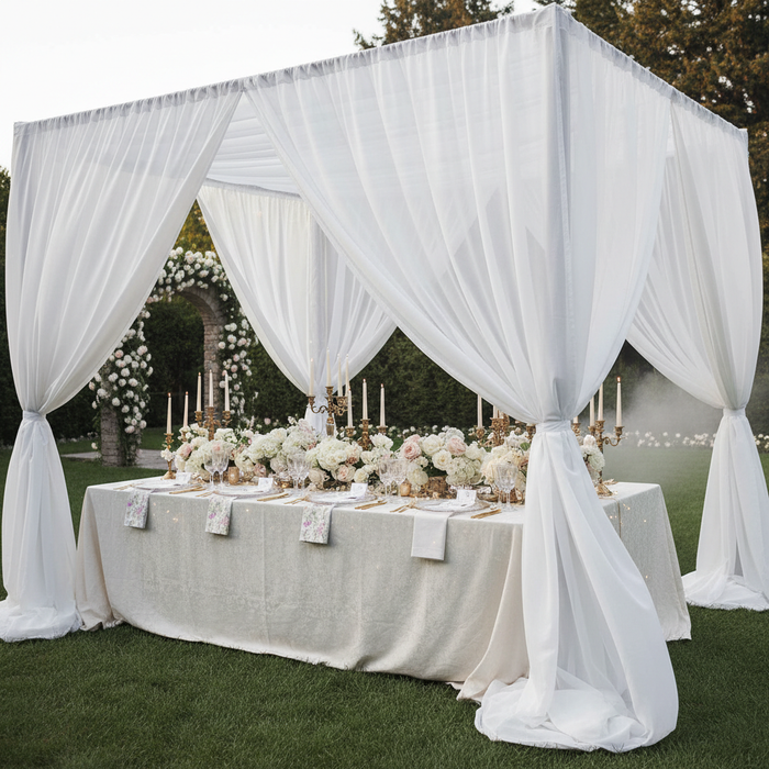 Chiffon Curtain Drape 12ft H x 58" W Panel - White Outdoor with Table.