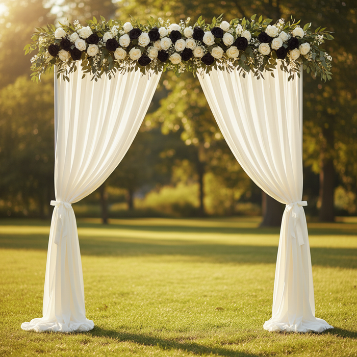 Chiffon Curtain Drape 14ft H x 58" W Panel - Ivory with Rose Bushes.