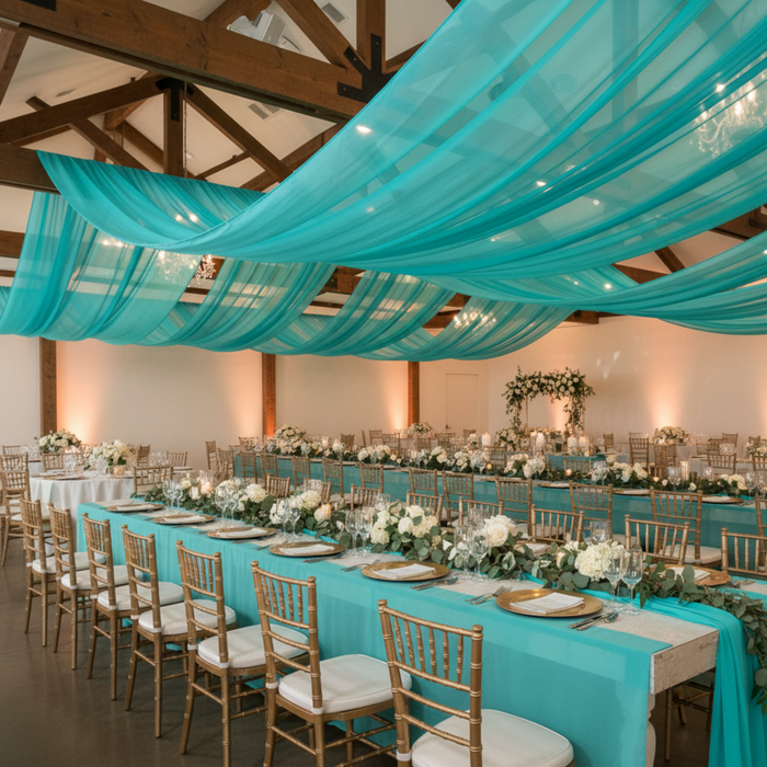 Indoor Banquet Ceiling Canopy with Turquoise Chiffon