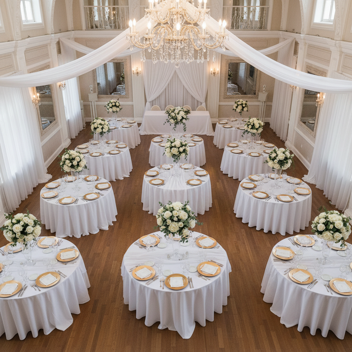 top view indoor wedding reception with Chiffon Fabric Bolt 58" x 10 yards - White