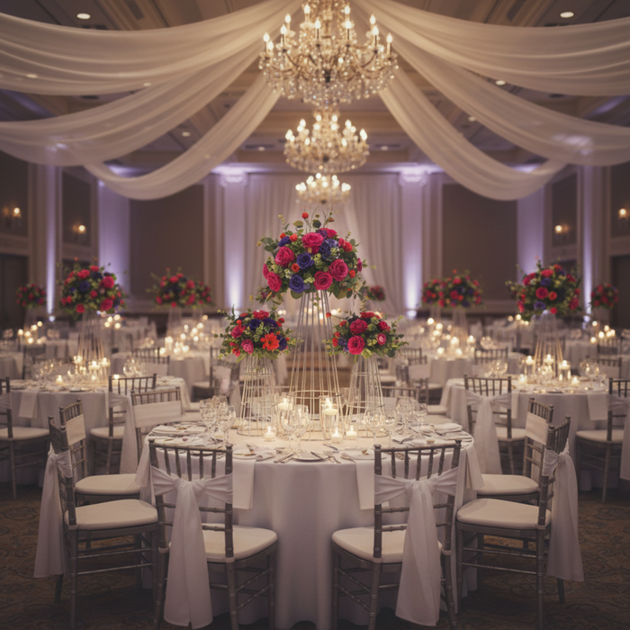 wedding reception with Silver Wire Cone Pedestal Stands Set of 4 and Chiffon Fabric Bolt 58" x 10 yards - White