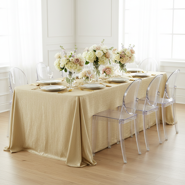Crinkle Velvet 90"x156" Rectangular Tablecloth - Champagne for an indoor bridal shower table setup