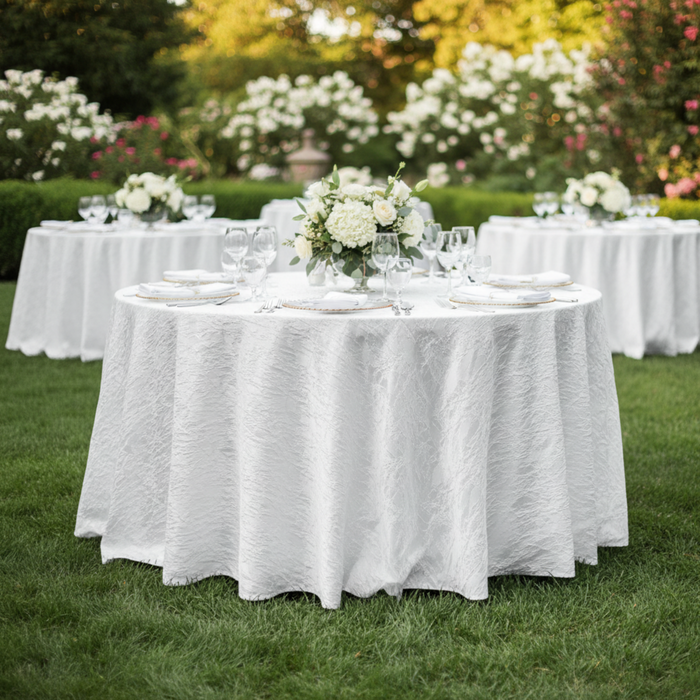 Outdoor Wedding Reception with 120 Crushed Taffeta 120 Round Tablecloth