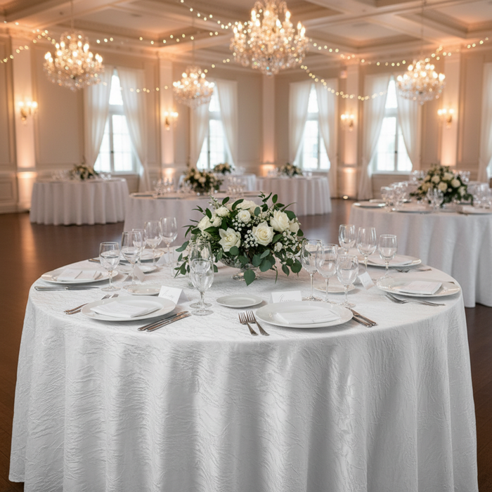 Indoor Wedding Reception with 120 Round Crushed Taffeta Tablecloth White