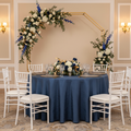 Crushed Taffeta 132" Round Tablecloth - Navy Blue for indoor reception with gold trimmed charger plate | wine goblets | flower centerpiece