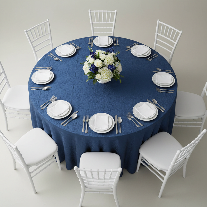 Crushed Taffeta 132" Round Tablecloth - Navy Blue for indoor reception with white dinner plate | flower centerpiece