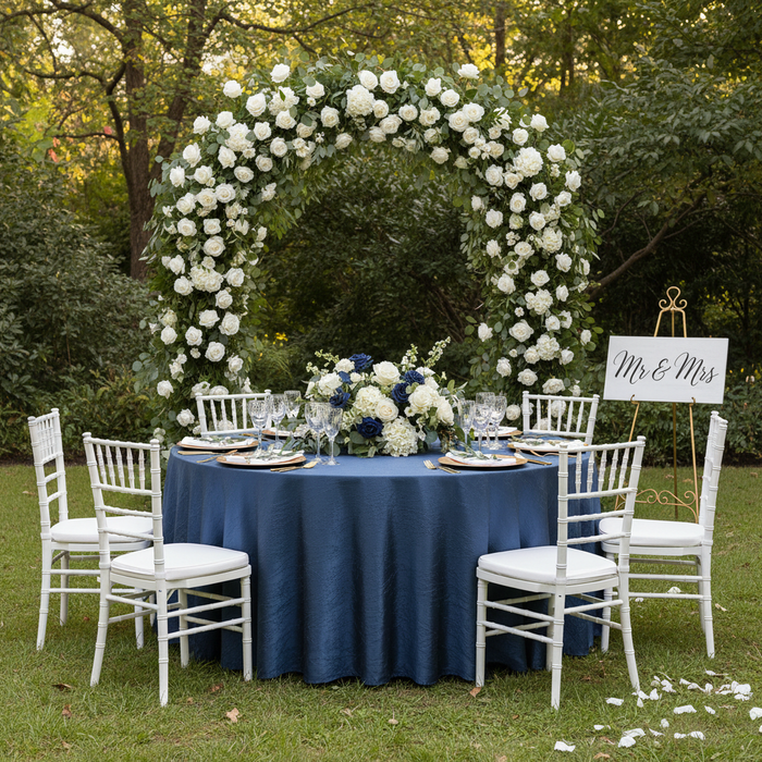 Crushed Taffeta 132" Round Tablecloth - Navy Blue for reception with white dinner plate | flower centerpiece | gold charger plate