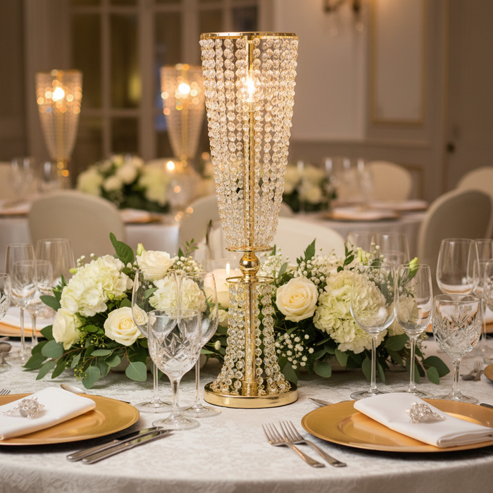 Crystal Column Tabletop Centerpiece - Gold | tablecloth | charger plate | napkin | wine goblets |