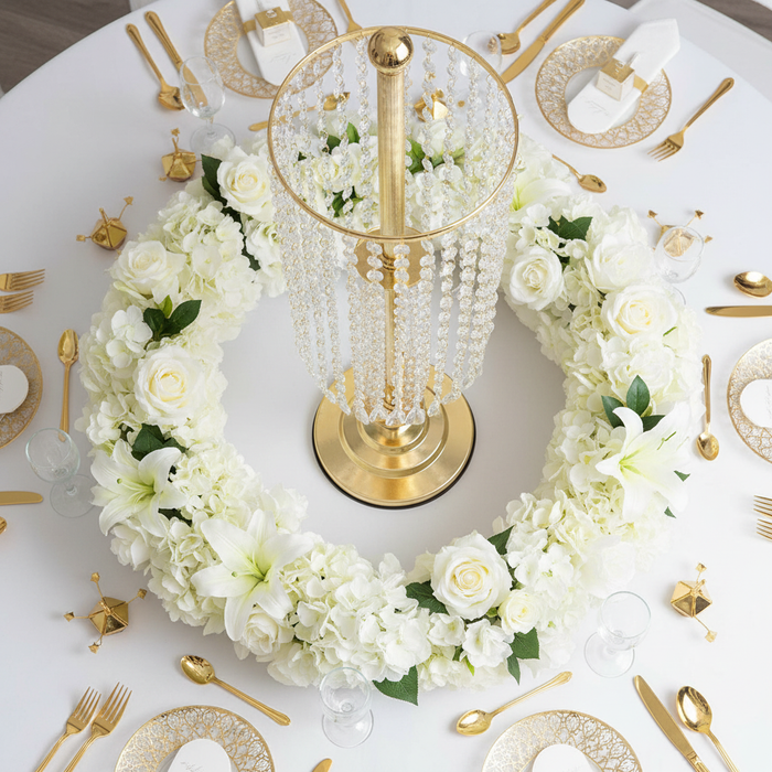 Crystal Column Tabletop Centerpiece - Gold | tablecloth | charger plate | napkin | wine goblets |