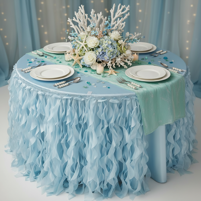 Curly Willow 14ft Table Skirt - Baby Blue.