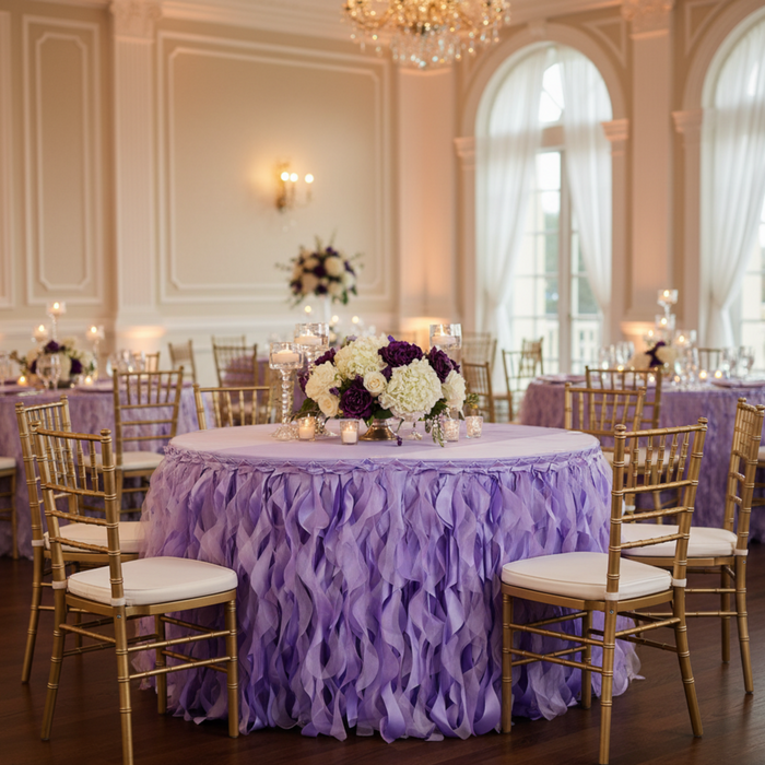 Indoor Round Table - Victorian Lilac Curly Willow Table Skirt