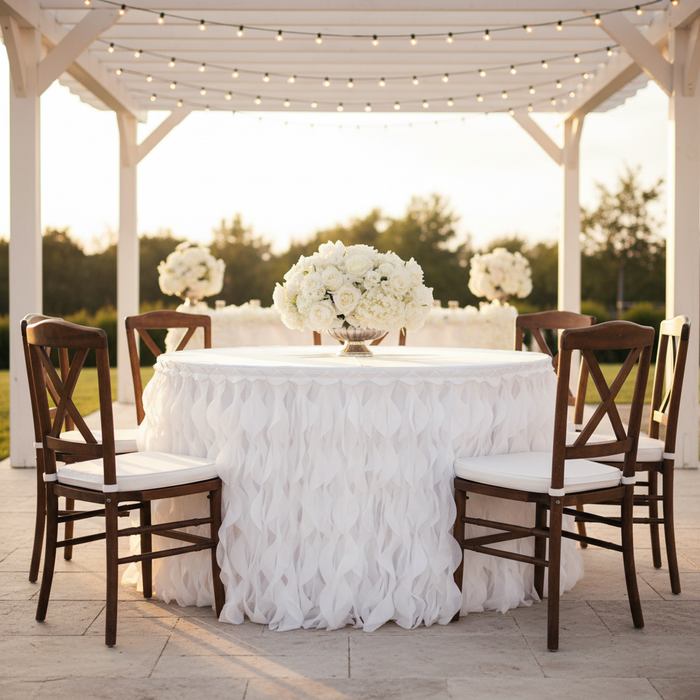 Curly Willow 21ft Table Skirt - White | tablecloth | flower centerpiece |