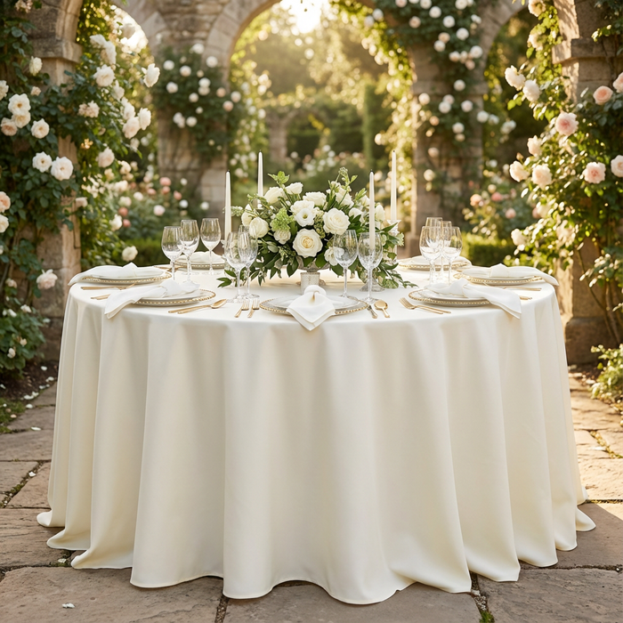 front detail of Economy Polyester Tablecloth 120" Round - Ivory on a outdoor reception for wedding