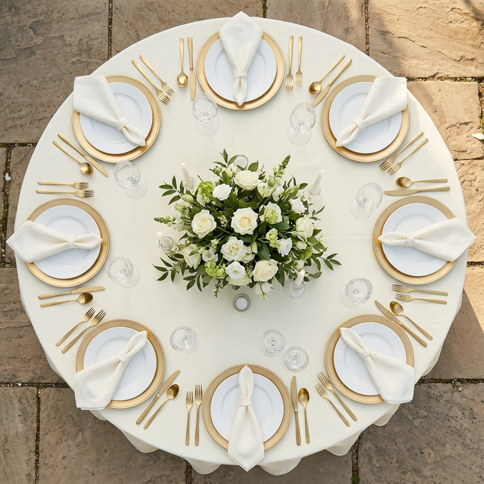 top view of Economy Polyester Tablecloth 120" Round - Ivory on a wedding reception
