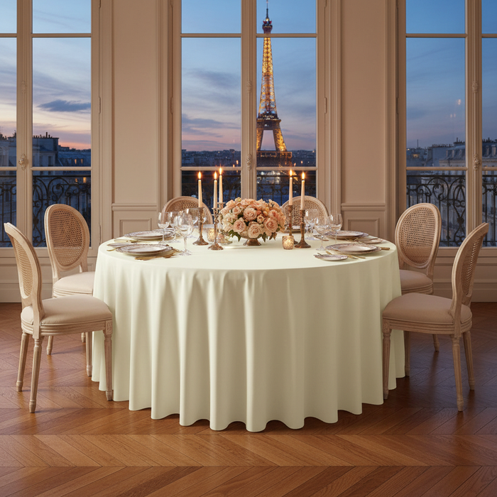 intimate dinner setup with Economy Polyester Tablecloth 120" Round - Ivory