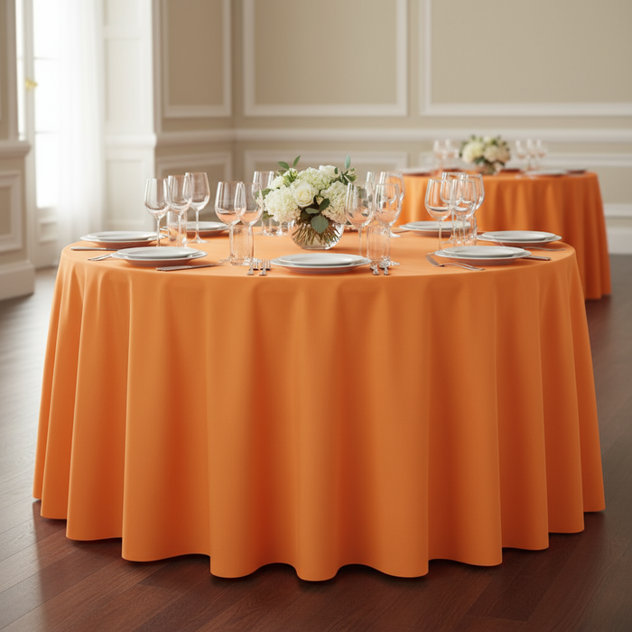 Orange Economy Polyester Tablecloth Round Size: 120 in | Wedding | Event | Wholesale by CV Linens