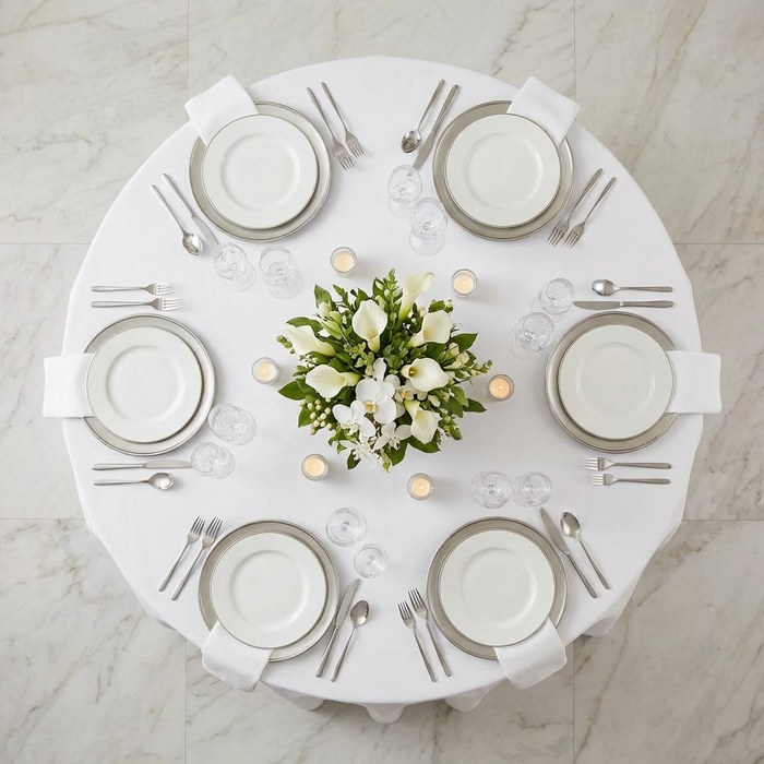 top view birthday dinner reception with Economy Polyester Tablecloth 120" Round - White