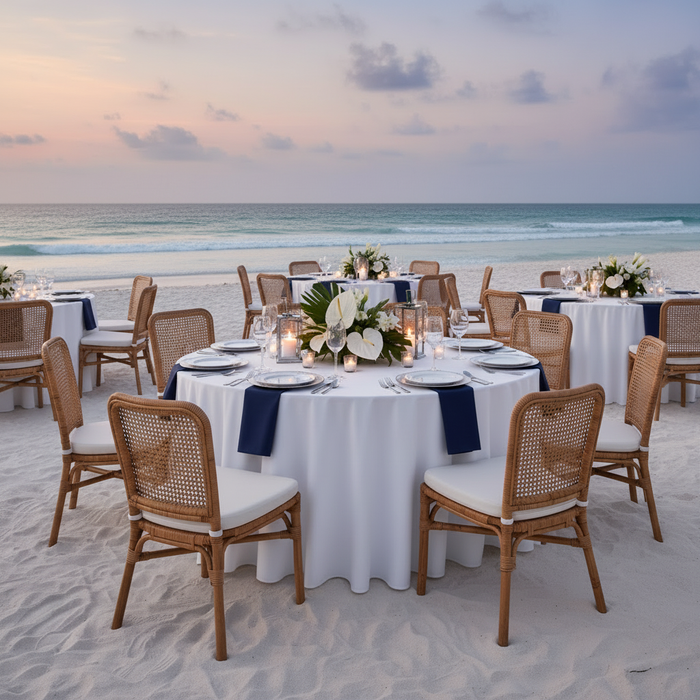 beachside corporate outing dinner with Economy Polyester Tablecloth 120" Round - White