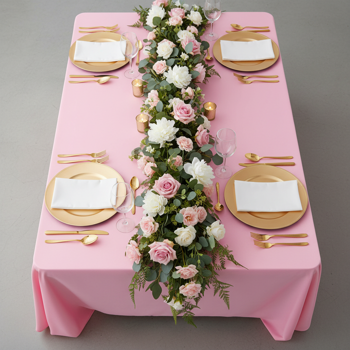 top view baby shower table setting with Economy Polyester Tablecloth 90"x132" Oblong Rectangular - Pink