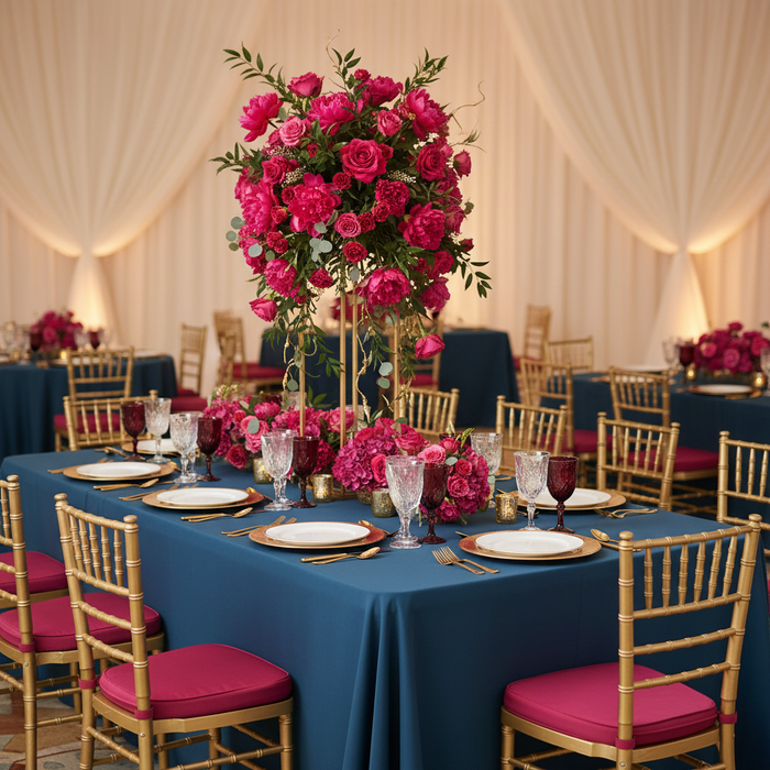 Economy Polyester Tablecloth 90"x156" Oblong Rectangular - Navy Blue | charger plate | dinner plate | wine goblets | flower centerpiece |