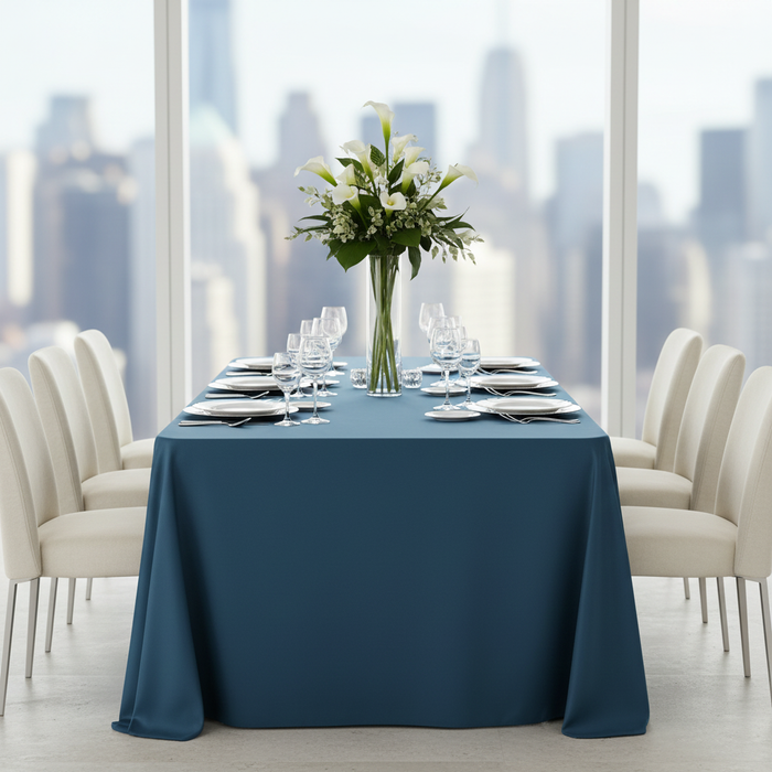 Economy Polyester Tablecloth 90"x156" Oblong Rectangular - Navy Blue | charger plate | dinner plate | wine goblets | flower centerpiece |