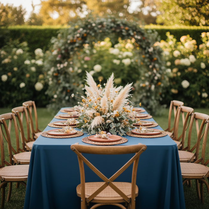 Economy Polyester Tablecloth 90"x156" Oblong Rectangular - Navy Blue | charger plate | dinner plate | flower centerpiece |