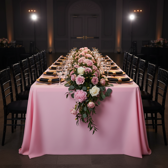 Economy Polyester Tablecloth 90"x156" Oblong Rectangular - Pink | charger plate | napkin | wine goblets | flower premade runners |