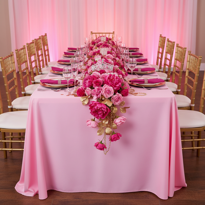 Economy Polyester Tablecloth 90"x156" Oblong Rectangular - Pink | charger plate | napkin | wine goblets | flower premade runners |