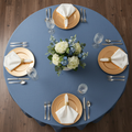 Faux Denim Tablecloth 108" Round - Dark Blue | charger plate | napkin | wine goblets |