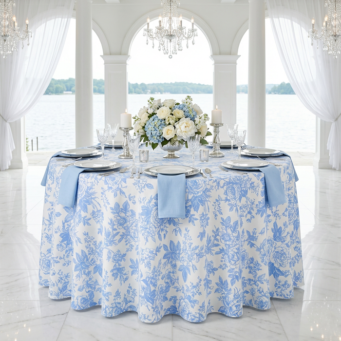 French Toile 108" Round Tablecloth - Baby Blue - CV Linens