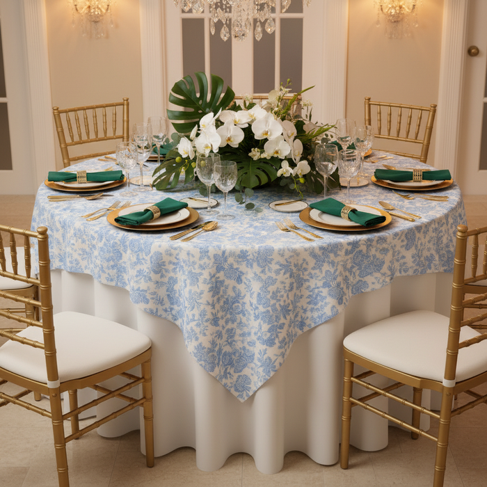 French Toile 72" Square Tablecloth/Overlay - Baby Blue | tablecloth | charger plate | dinner plate | wine goblet | napkin |
