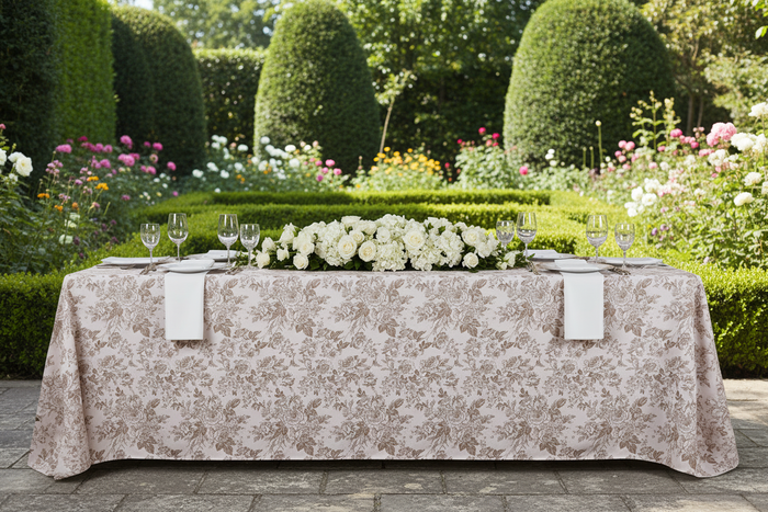 French Toile 90"x156" Rectangular Tablecloth - Taupe Garden Party