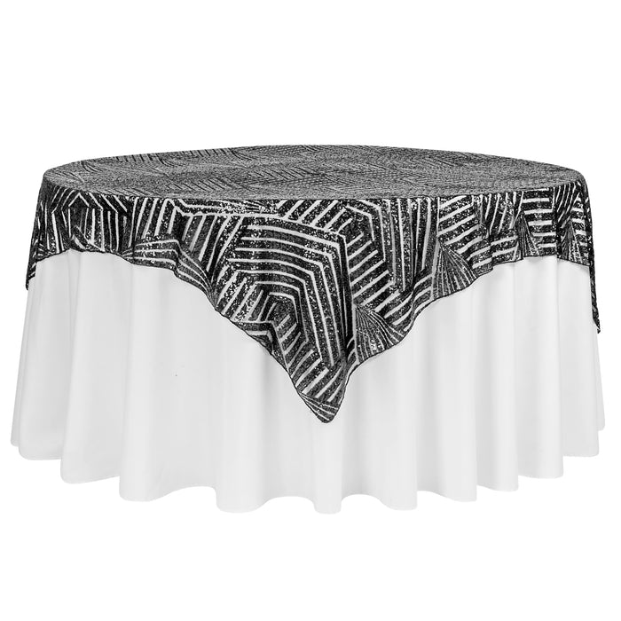 Geometric Glitz Art Deco Sequin Table Overlay Topper 72"x72" Square - Black - CV Linens