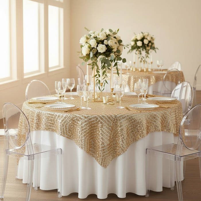 Geometric Glitz Art Deco Sequin Table Overlay Topper 72"x72" Square - Gold.