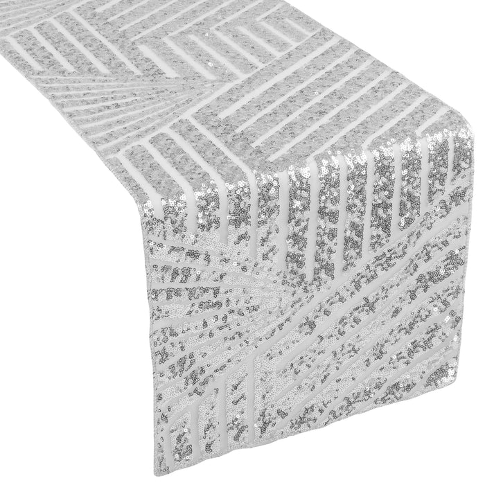 Geometric Glitz Art Deco Sequin Table Runner - Silver - CV Linens