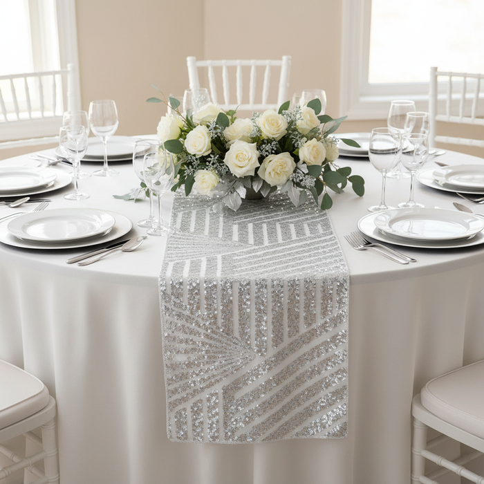 Geometric Glitz Art Deco Sequin Table Runner - Silver.