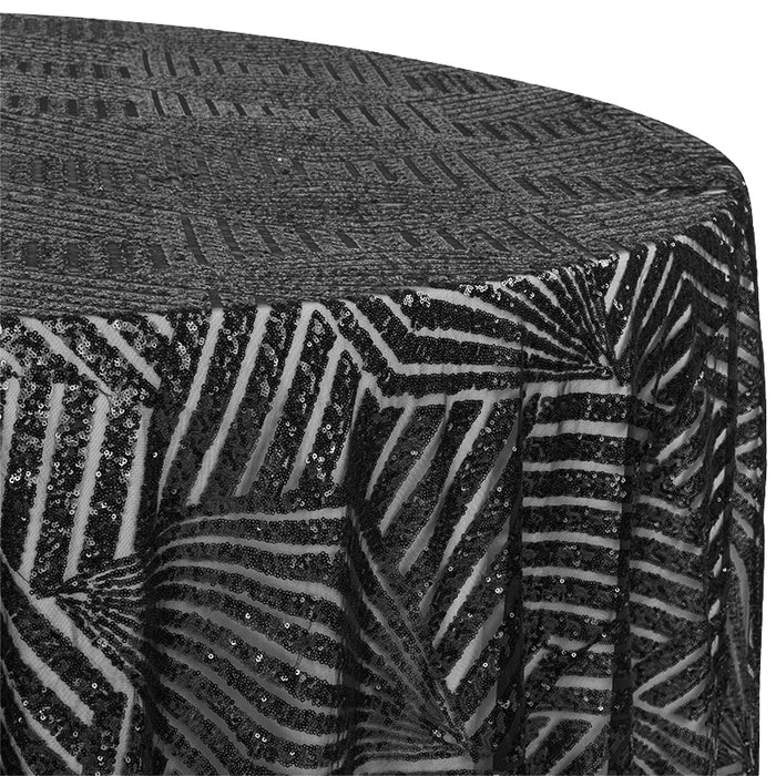 Geometric Glitz Art Deco Sequin Tablecloth 120" Round - Black - CV Linens
