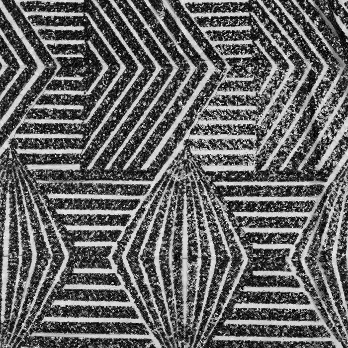 Geometric Glitz Art Deco Sequin Tablecloth 132" Round - Black - CV Linens
