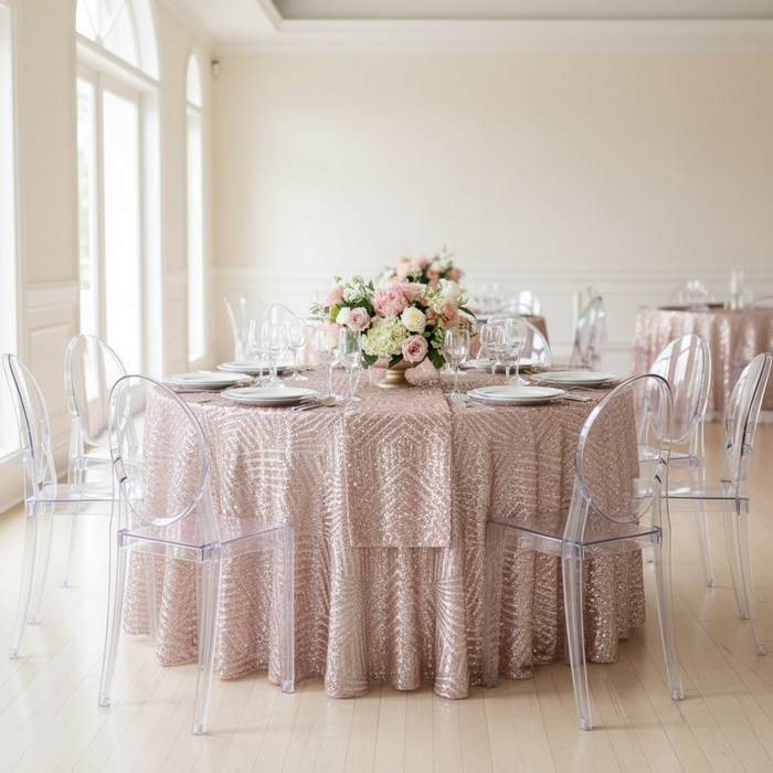 Geometric Glitz Art Deco Sequin Tablecloth 132" Round - Blush/Rose Gold.
